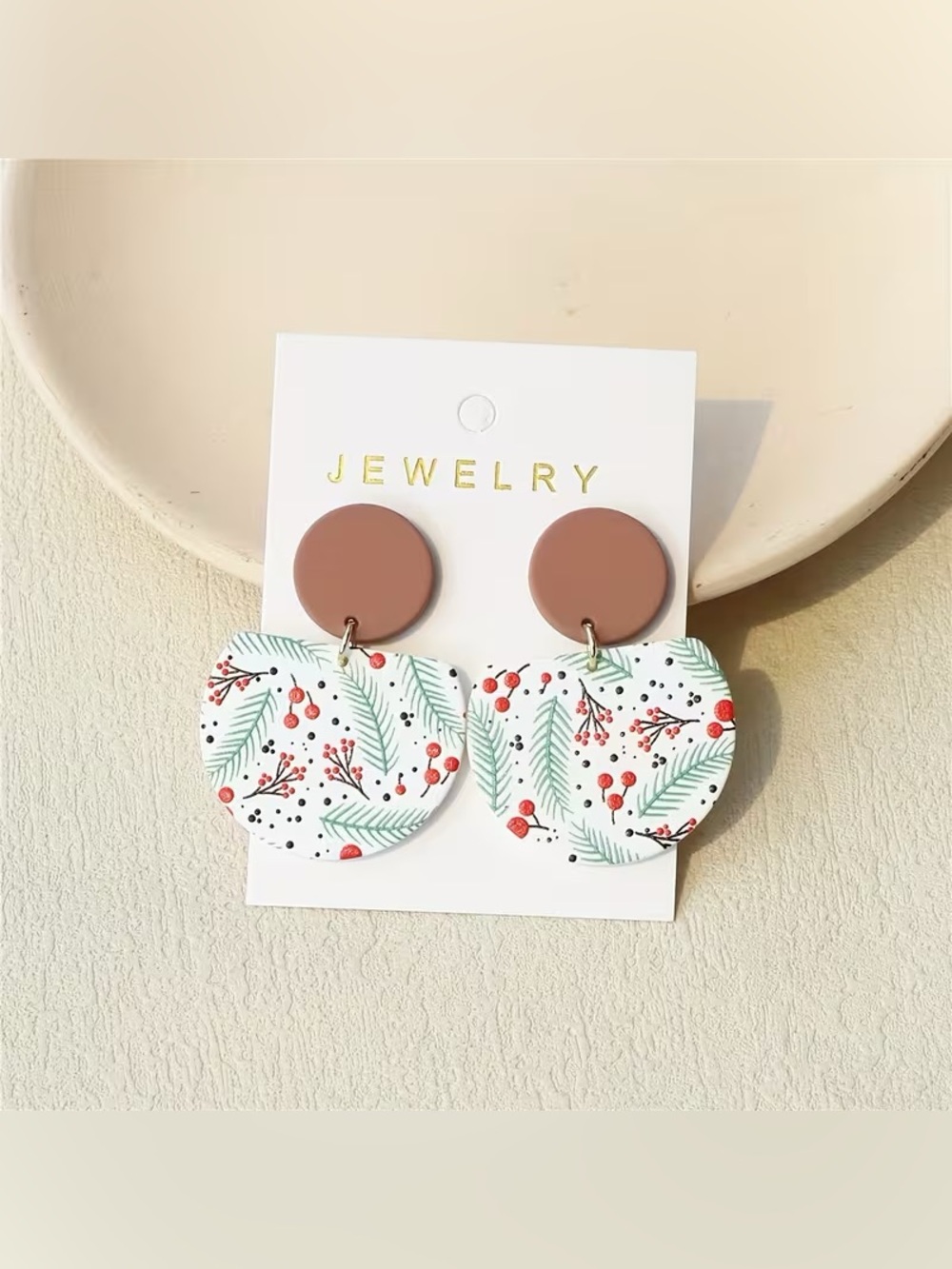 Print & Cute Acrylic Dangle Earrings with Red Fruit & Pine Leaf Design l